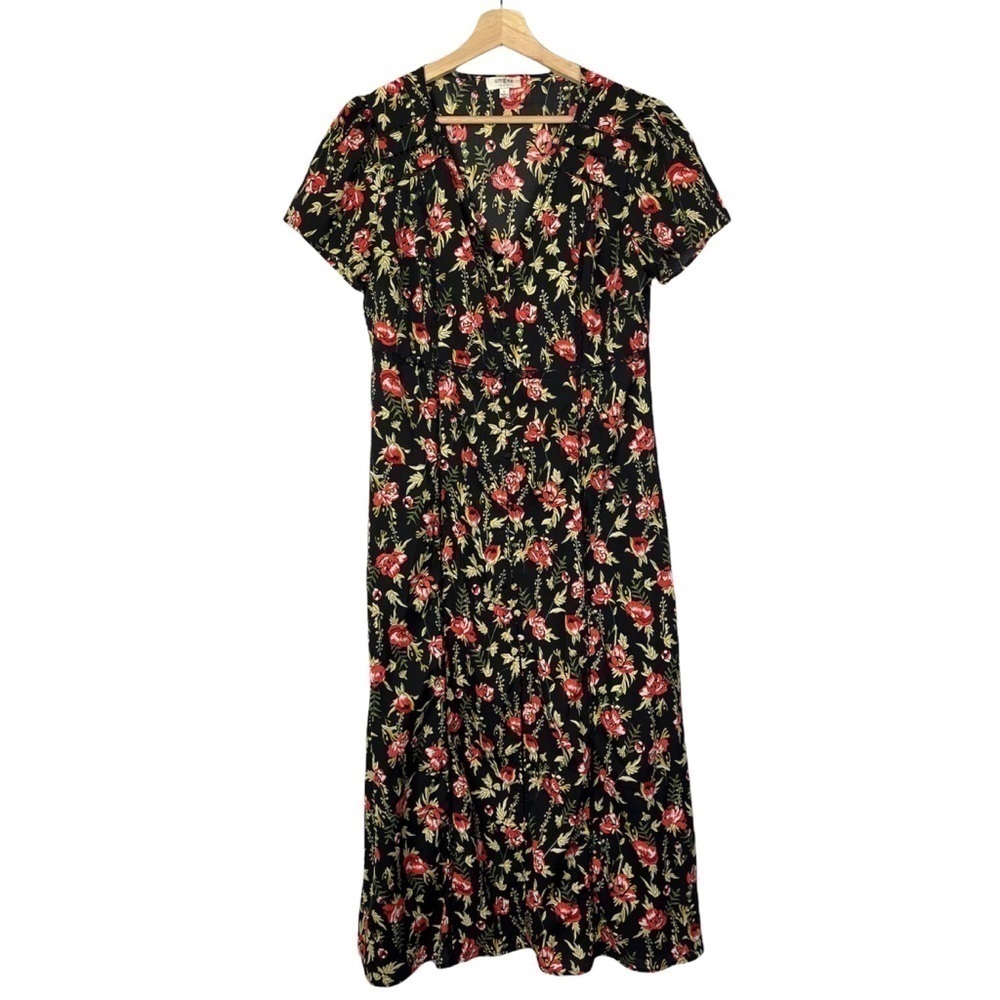 Boutique Umgee Black & Red Floral Button Front Short Sleeve Maxi Dress L